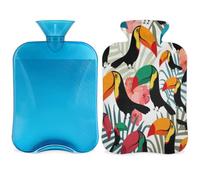 Botella de agua caliente con cubierta de 2 L, bolsa de agua caliente tropical para calentar la cama/aliviar el dolor de período, hojas de selva manga de botella de agua caliente animal