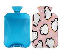Botella de agua caliente con cubierta de 2 L, bonita bolsa de agua caliente de pingüino para calentar la cama/alivio del dolor de período, funda de botella de agua caliente rosa pingüino