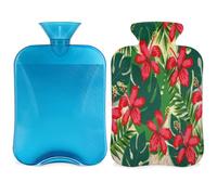 Botella de agua caliente con cubierta de 2 L, hojas de flores bolsa de agua caliente para calentamiento de la cama/alivio del dolor de período, funda para botella de agua caliente con tema de selva