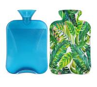 Botella de agua caliente con cubierta de 2 L, hojas de palma tropical, bolsa de agua caliente para calentamiento de la cama/alivio del dolor, manga de botella de agua caliente de hoja verde de verano