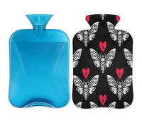Botella de agua caliente con cubierta de 2 L, patrón de mariposa gótica bolsa de agua caliente para calentamiento de la cama/alivio del dolor de período, funda de botella de agua caliente Love Heart
