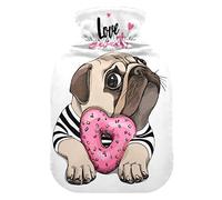 Botella de agua caliente con cubierta de terciopelo suave, adorable cachorro Pug bolsa de agua caliente para aliviar el dolor, compresa caliente y fría, calentador de cama corporal 2L