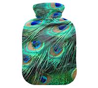 Botella de agua caliente con cubierta de terciopelo suave, bolsa de agua caliente colorida de plumas de pavo real para aliviar el dolor, compresa caliente y fría, calentador de cama corporal 2L