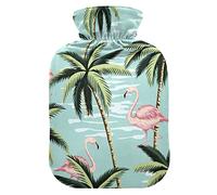 Botella de agua caliente con cubierta de terciopelo suave, bolsa de agua caliente de palma de flamenco vintage para aliviar el dolor, compresa caliente y fría, calentador de cama corporal de 2 l