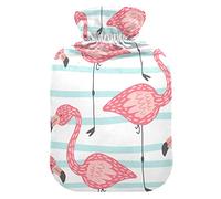 Botella de agua caliente con cubierta de terciopelo suave, estampado de flamenco, bolsa de agua caliente para aliviar el dolor, compresa caliente y fría, calentador de cama corporal de 2 l