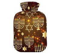 Botella de agua caliente con cubierta de terciopelo suave Happy Hanukkah brillante bolsa de agua caliente para aliviar el dolor, compresa caliente y fría, calentador de cama corporal 2L