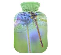 Botella de agua caliente con cubierta de terciopelo suave, libélula sentada en la flor bolsa de agua caliente para aliviar el dolor, compresa caliente y fría, calentador de cama corporal 1L