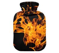 Botella de agua caliente con cubierta de terciopelo suave, llamas de fuego sobre fondo negro, bolsa de agua caliente para aliviar el dolor, compresa caliente y fría, calentador de cama corporal 2L