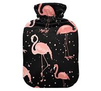 Botella de agua caliente con cubierta de terciopelo suave, patrón tropical flamenco bolsa de agua caliente para aliviar el dolor, compresa caliente y fría, calentador de cama corporal 2L
