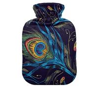 Botella de agua caliente con cubierta de terciopelo suave Plantilla de moda Colas de pavo real Bolsa de agua caliente para aliviar el dolor Comprimir caliente y frío Calentador de cama corporal 2L