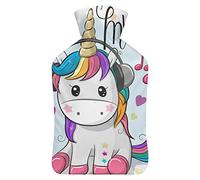 Botella de agua caliente con cubierta de unicornio y corazones de música, bolsa de agua caliente de goma rosa para aliviar el dolor, calambres, calentador de pies, terapia de calor y frío