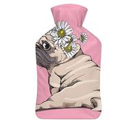 Botella de agua caliente con cubierta para cachorros, flores de pug, bolsa de agua caliente de goma para aliviar el dolor, calambres, calentador de pies, terapia de calor y frío