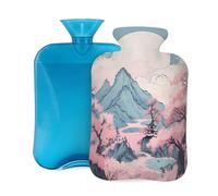 Botella de agua caliente con cubierta suave, bolsa de agua caliente japonesa con diseño de montañas con tapa de nieve y cerezo y luna, bolsa de agua caliente de 2 litros para aliviar el dolor