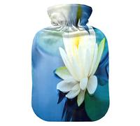 Botella de agua caliente con cubierta suave bolsa de agua fría extraíble para aliviar el dolor, calambres menstruales, calentadores de pies, pequeña hermosa flor de loto blanca