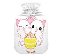 Botella de agua caliente con cubierta suave, bolsa extraíble de agua fría para aliviar el dolor, calambres menstruales, calentadores de pies, gatos blancos pequeños y lindos comen ramen