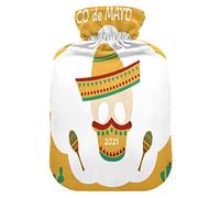 Botella de agua caliente con cubierta suave, bolsa extraíble de agua fría para aliviar el dolor, calambres menstruales, calentadores de pies, tamaño mediano Cinco De Mayo Skull Cactus Amarillo