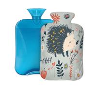 Botella de agua caliente con cubierta suave, bonito erizo de dibujos animados con hojas y flores, bolsas de agua caliente de 2 litros para aliviar el dolor, calambres, calentador de pies y manos