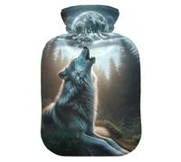 Botella de agua caliente con cubierta suave calentador de pies con cubierta suave aullando lobo luna, bolsa de agua caliente para aliviar el dolor, pequeña
