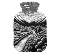Botella de agua caliente con cubierta suave calentador de pies con cubierta suave dibujo de montañas negro blanco bolsa de agua caliente para aliviar el dolor, pequeña