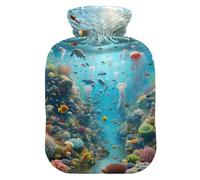 Botella de agua caliente con cubierta suave calentador de pies con cubierta suave Ocean Life Medusa bolsa de agua caliente para calambres menstruales, tamaño mediano