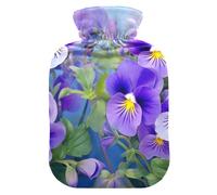 Botella de agua caliente con cubierta suave calentador de pies con funda suave, flor de pensamiento, bolsa de agua caliente púrpura para aliviar el dolor, pequeña