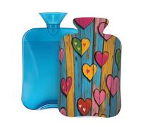 Botella de agua caliente con cubierta suave, corazones de amor retro en la tabla de madera, bolsa de agua caliente de 2 litros para aliviar el dolor, calentador de manos y pies