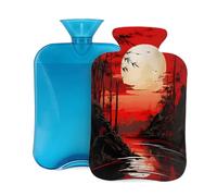 Botella de agua caliente con cubierta suave, estilo japonés, color rojo amanecer de bambú, bolsa de agua caliente de 2 litros para aliviar el dolor, calentador de manos y pies