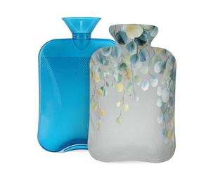 Botella de agua caliente con cubierta suave, hoja de eucalipto verde primavera botánica bolsa de agua caliente de 2 litros para aliviar el dolor, calentador de manos y pies