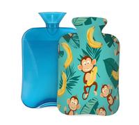 Botella de agua caliente con cubierta suave, lindo mono con plátano selva tropical, bolsa de agua caliente de 2 litros para aliviar el dolor, calentador de manos y pies