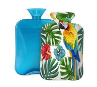 Botella de agua caliente con cubierta suave, pájaro tropical, loro, selva, planta botánica, palma, hibisco, bolsa de agua caliente de 2 litros para aliviar el dolor, calentador de manos y pies