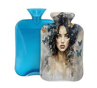 Botella de agua caliente con cubierta suave, pintura de acuarela, hermosa mujer, mariposa colorida, bolsa de agua caliente de 2 litros para aliviar el dolor, calentador de manos y pies