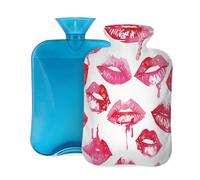 Botella de agua caliente con cubierta suave, romántica impresión sexy de lápiz labial rojo y rosa, bolsa de agua caliente de 2 litros para aliviar el dolor, calentador de manos y pies