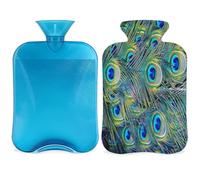 Botella de agua caliente con diseño de animales de plumas de pavo real con funda, bolsa de agua caliente de 2 litros para aliviar el dolor, cuello y hombros, manos, pies, compresa caliente y fría