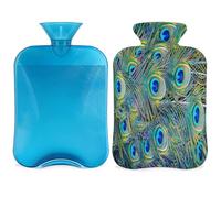 Botella de agua caliente con diseño de animales de plumas de pavo real con funda, bolsa de agua caliente de 2 litros para aliviar el dolor, cuello suave y hombro, calentador de pies de mano, compresa