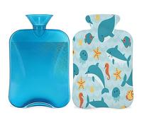 Botella de agua caliente con diseño de animales marinos con funda esponjosa, 2 l, gran capacidad, linda botella de delfines, bolsa de agua para noches acogedoras, alivio del dolor, espalda, cuello y