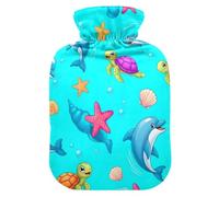 Botella de agua caliente con diseño de animales marinos y delfines con funda de terciopelo, botellas de calor para calambres menstruales, alivio del dolor, pequeña