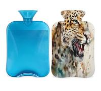 Botella de agua caliente con diseño de cabeza de leopardo de acuarela con funda, bolsa de agua de gran capacidad de 2 litros para noches acogedoras, alivio del dolor, espalda, cuello y hombros