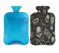 Botella de agua caliente con diseño de calavera de música rock con funda, bolsa de agua de gran capacidad de 2 litros para noches acogedoras, alivio del dolor, espalda, cuello y hombros