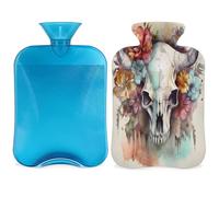 Botella de agua caliente con diseño de calavera de vaca y flor de acuarela con funda, bolsa de agua de gran capacidad de 2 litros para noches acogedoras, alivio del dolor, espalda, cuello y hombros