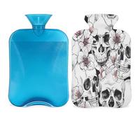 Botella de agua caliente con diseño de calavera floral con funda, 2 L, bolsa de agua de gran capacidad para noches acogedoras, alivio del dolor, espalda, cuello y hombros