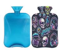 Botella de agua caliente con diseño de calavera Rocknroll con funda, 2 L, bolsa de agua de gran capacidad para noches acogedoras, alivio del dolor, espalda, cuello y hombros