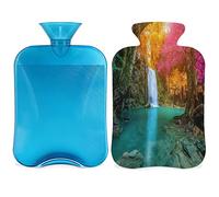 Botella de agua caliente con diseño de cascada y selva con funda esponjosa, bolsa de agua caliente de gran capacidad de 2 litros, bolsa de agua para botellas de otoño para noches acogedoras, alivio del dolor, espalda, cuello y hombros