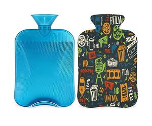 Botella de agua caliente con diseño de cine con funda esponjosa, 2 l, gran capacidad, diseño de cine, bolsa de agua para noches acogedoras, alivio del dolor, espalda, cuello y hombros