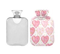 Botella de agua caliente con diseño de corazones rosados y lunares dorados con tapa, bolsa de agua caliente transparente de 1 litro, botella de agua caliente para aliviar el dolor de cuello y hombros, calentador de pies y manos, terapia fría y caliente