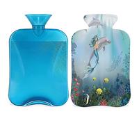 Botella de agua caliente con diseño de delfines submarinos con funda esponjosa, 2 l, gran capacidad, bolsa de agua para noches acogedoras, alivio del dolor, espalda, cuello y hombros