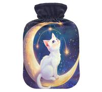 Botella de agua caliente con diseño de dibujos animados de gato y luna estrellada con cubierta suave, compresas calientes de 2 L para el cuerpo para terapias frías y calientes, calambres menstruales