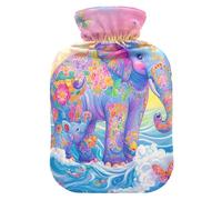 Botella de agua caliente con diseño de elefantes coloridos y mariposas y olas con cubierta suave, calentador de pies con cubierta suave, botellas de calor de agua caliente para calambres menstruales,