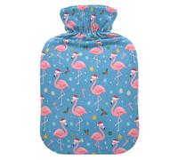Botella de agua caliente con diseño de flamenco navideño con gorro de Papá Noel con funda suave, bolsa de agua caliente de 1 litro para aliviar el dolor de cuello y hombros