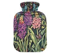 Botella de agua caliente con diseño de flores de jacinto y hojas verdes, con tapa suave, bolsa térmica de 2 litros para terapias frías y calientes, calambres menstruales
