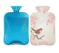 Botella de agua caliente con diseño de flores de primavera con funda esponjosa, 2 L, botella de pájaros de gran capacidad, bolsa de agua para noches acogedoras, alivio del dolor, espalda, cuello y